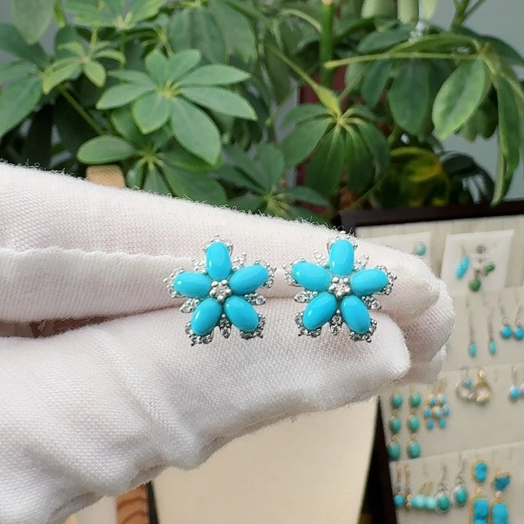 绿松石银S925镶嵌耳饰耳钉