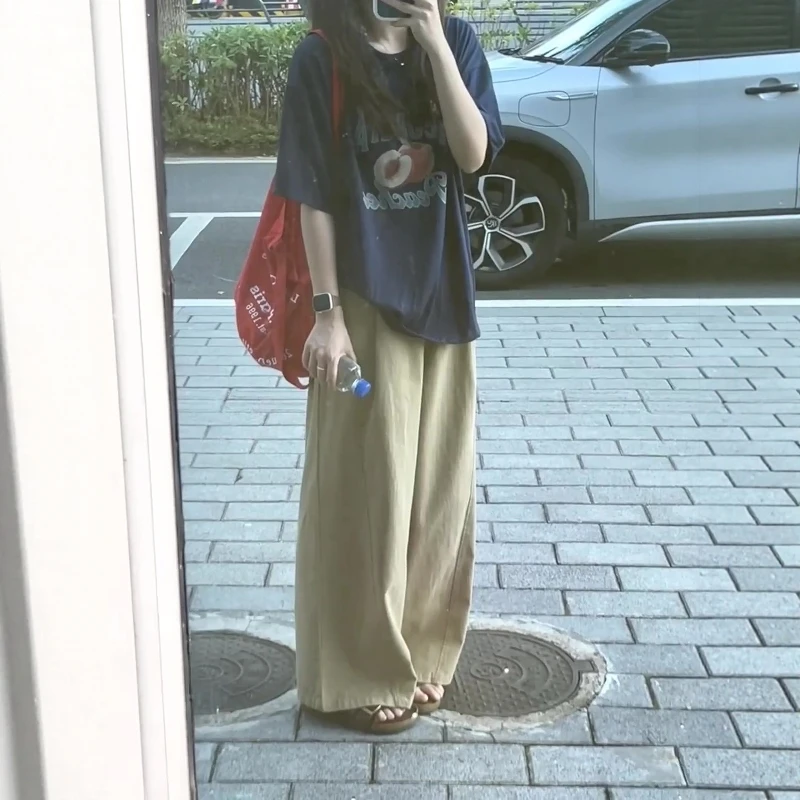 美式复古印花短袖T恤上衣搭配卡其色阔腿裤两件套ins秋季新款穿搭