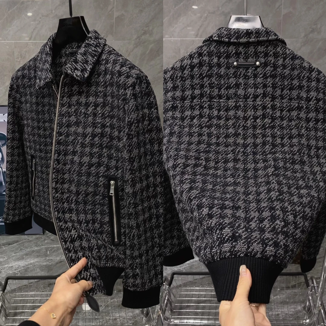 冬季新款男士轻奢时尚潮流千鸟格羽绒内胆绵羊毛混纺羽绒夹克9102