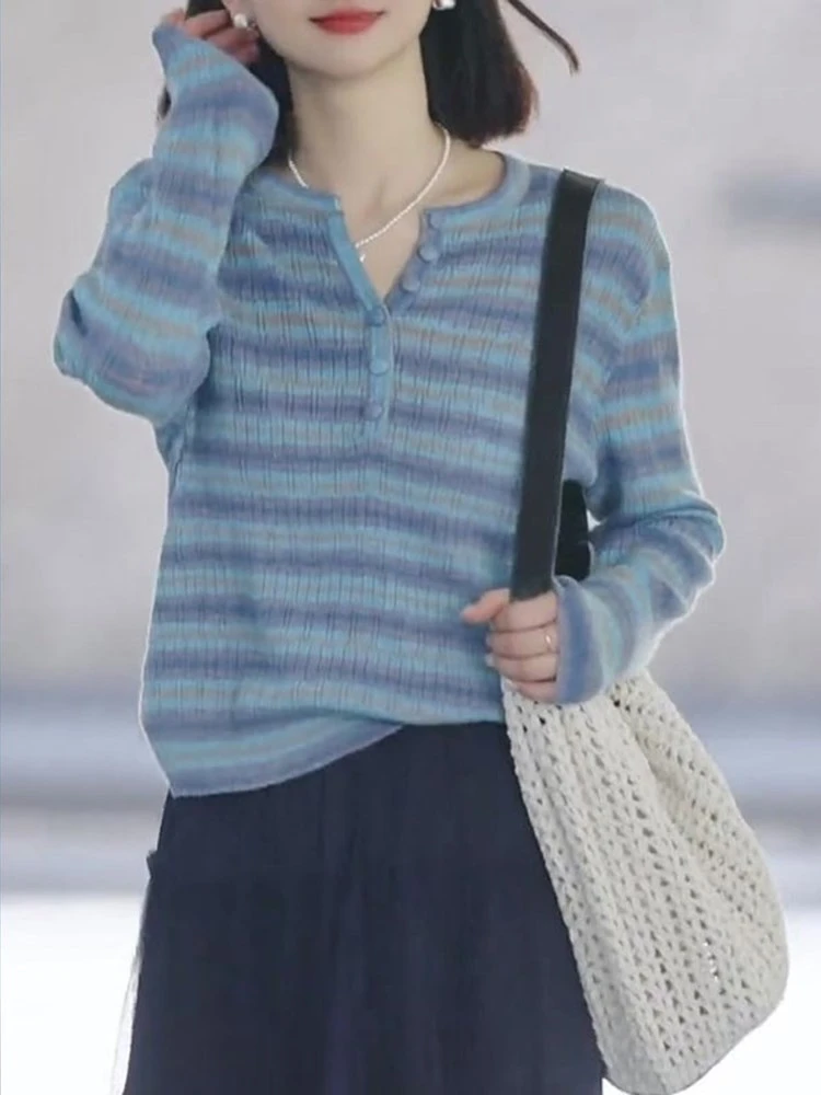 韩里韩气简约ins风穿搭蓝色条纹上衣2025夏季款半系扣软糯针织衫