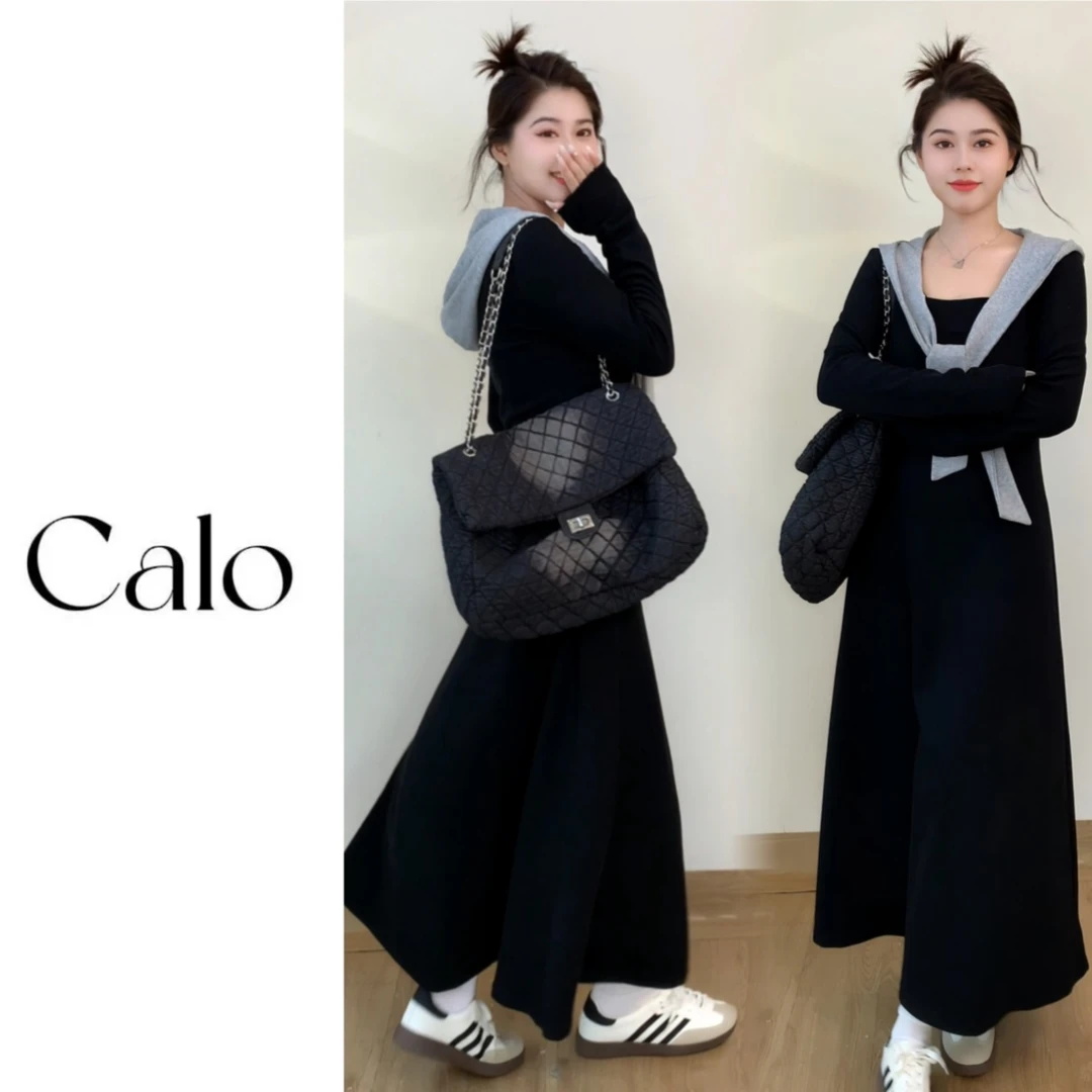 2025早秋新款微醺可乐微胖显瘦小清新正肩假两件大领口收腰卫衣裙