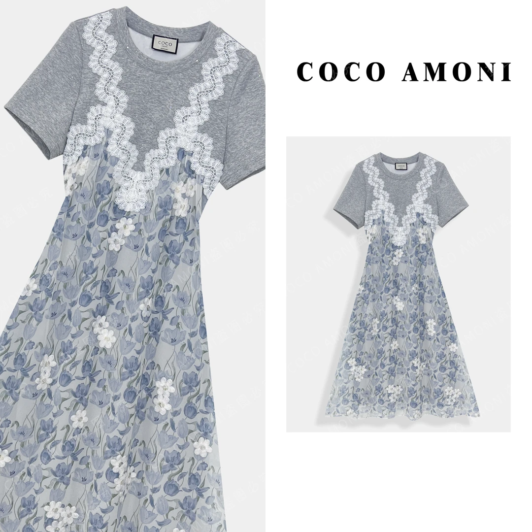 [LL]高级设计女装拼接重工碎花假两件显瘦气质连衣裙ZC629