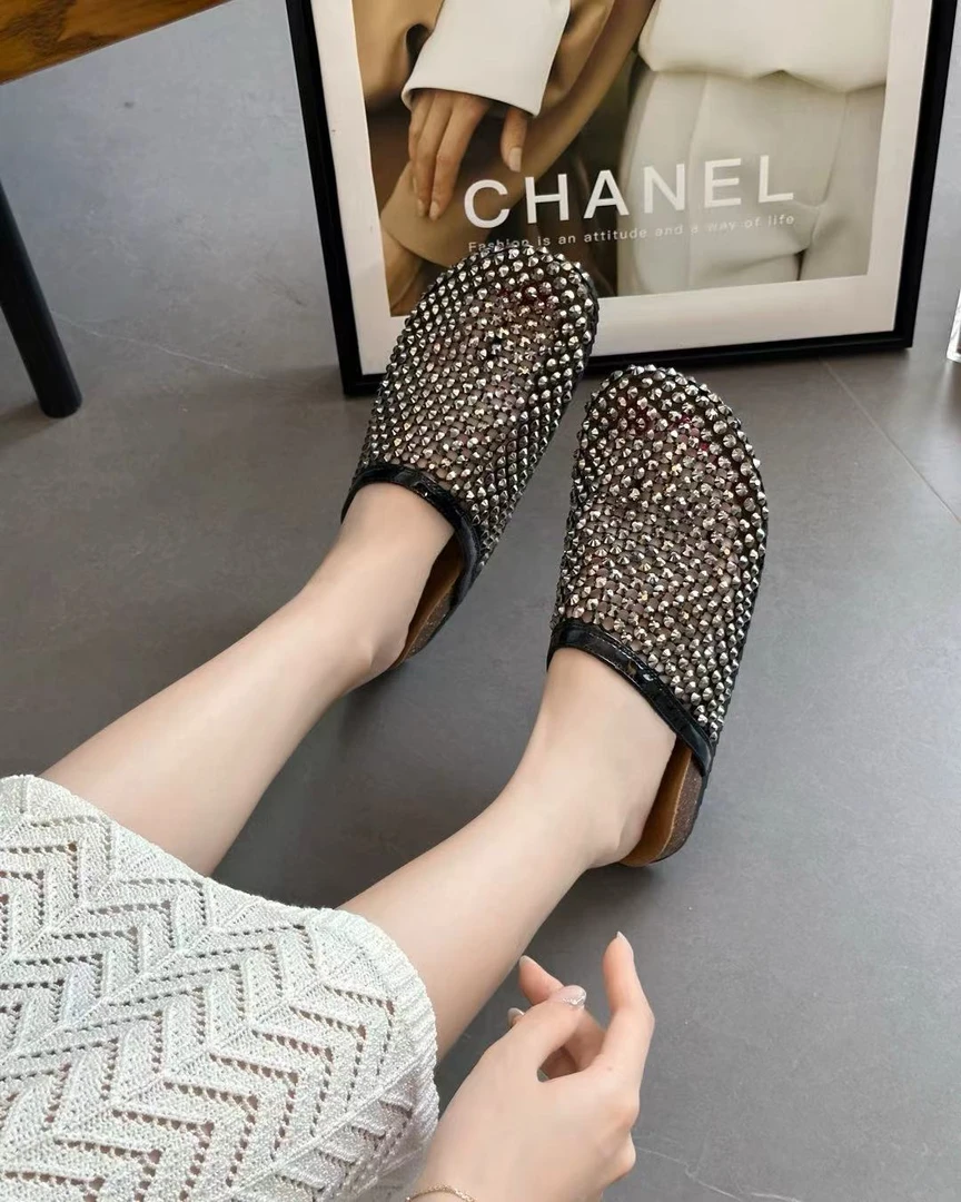 小众日常休闲水钻网面包头休闲勃肯鞋拖