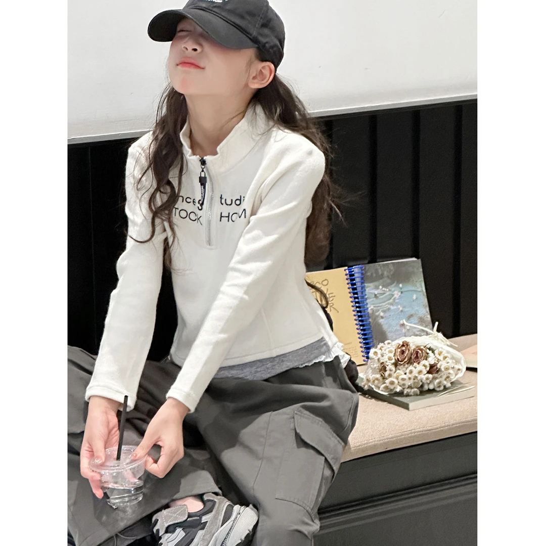 K29522孙小美半拉链短款假两件女童长袖T恤2025秋装新款儿童上衣