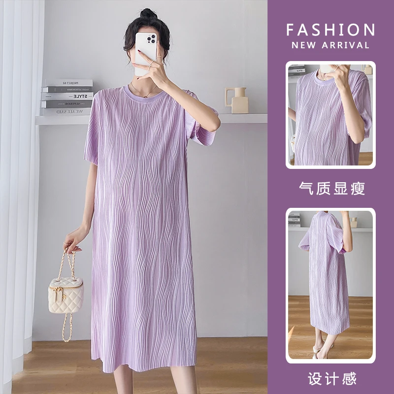 Y3582#3.23孕妇2025夏季韩版新款设计短袖宽松中长孕妇连衣裙高弹