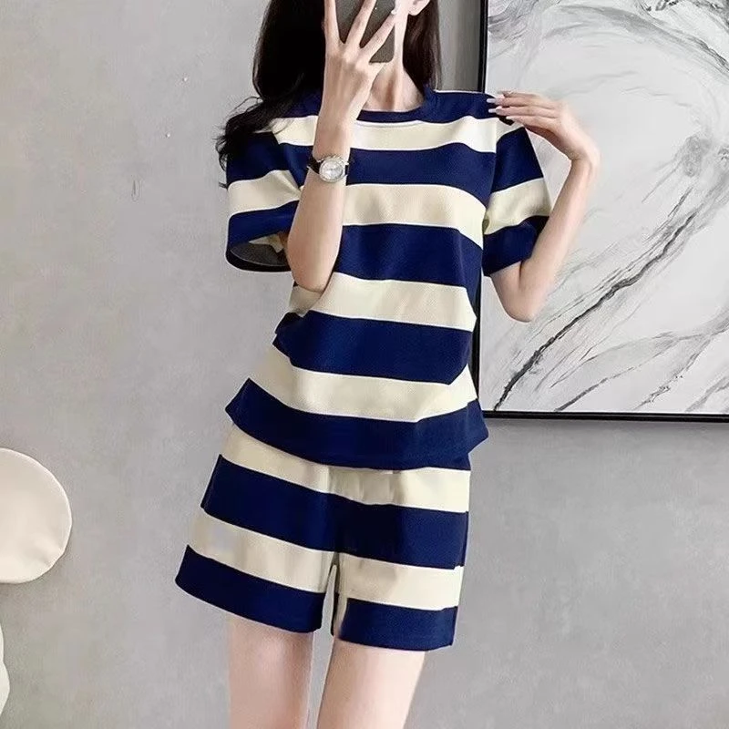夏季两件套宽松条纹大码裤套装休闲运动家居服潮