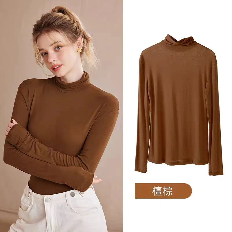 檀棕长袖宽松打底衫女舒适百搭圆领显瘦可外穿基础款2025春秋新款