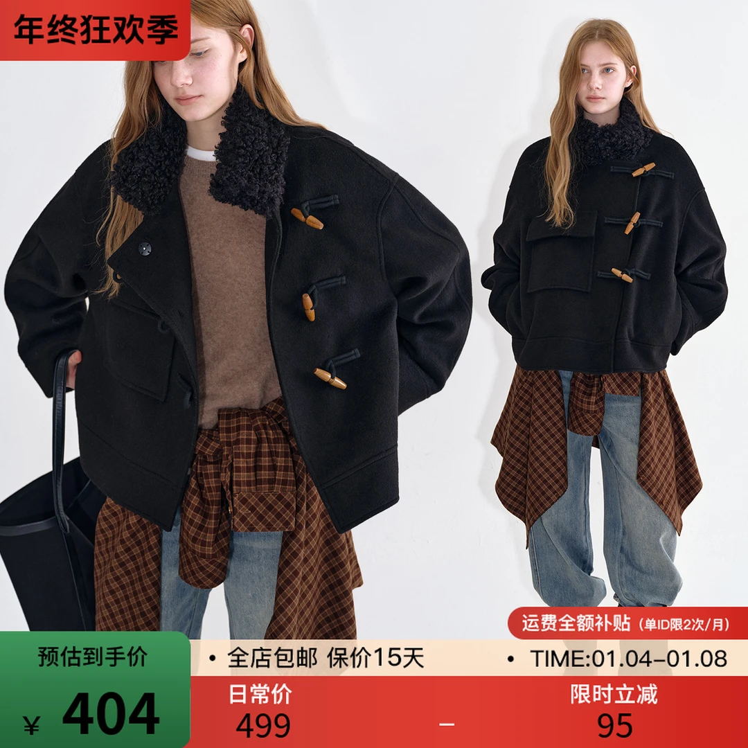 范洛 “温暖毛毛领拼接 撞色木质扣”羊毛混纺呢外套FD25W100