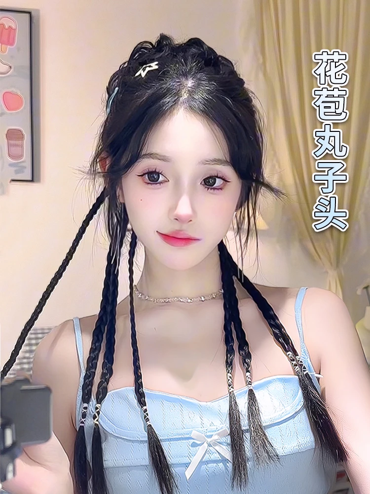 假发辫马尾丸子头假发抓夹新中式双麻花长辫高马尾假发花苞头发饰