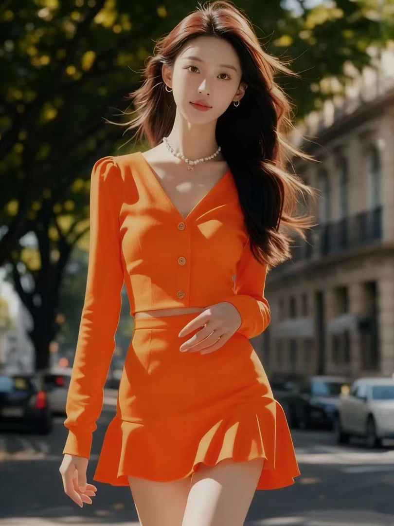 韩版轻奢气质穿搭单排扣V领长袖短款上衣+包臀半身裙橙色两件套