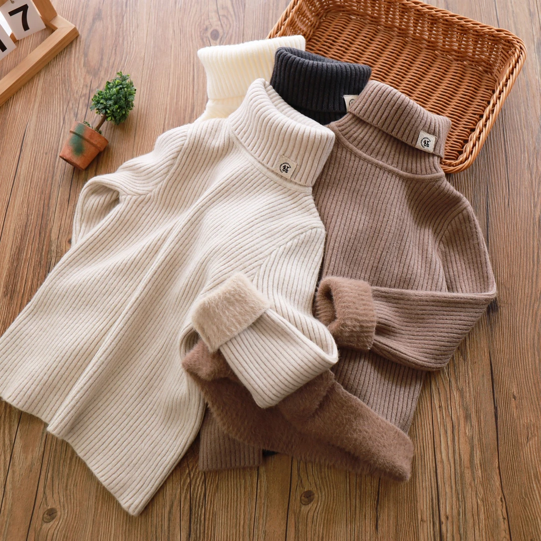 儿童冬装一体加绒加厚高领毛衣简约中大童男女童内搭针织衫