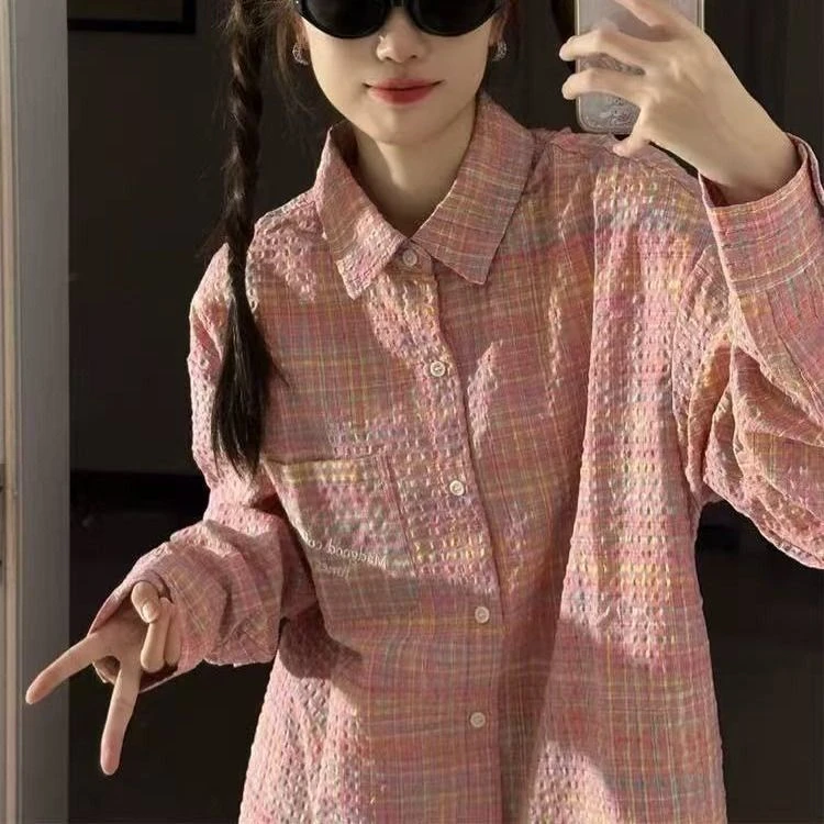 气质洋气美式复古粉色格纹少女感女款外套女春秋休闲韩系港味上衣