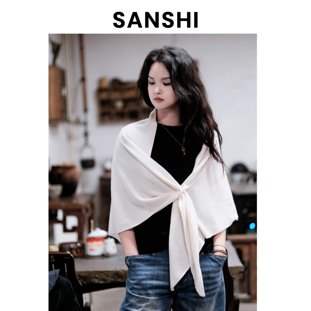 SANSHI【三角披肩】100%软糯绵羊毛纯色围巾加长加宽针织三角巾送礼