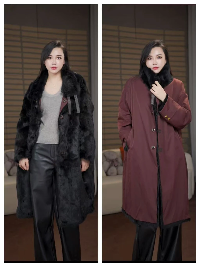 《双面穿》2025年新款兔皮毛一体气质百搭不挑人保暖女外套长款8888