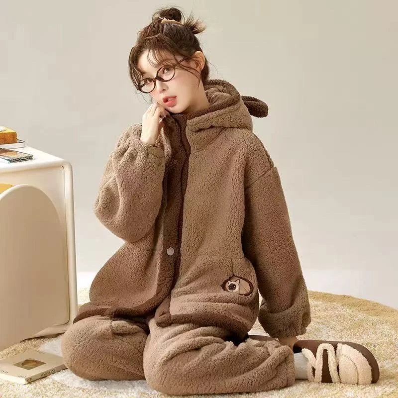 【乔娜定制】冬季新款羊羔绒连帽加绒加厚睡衣外穿家居服女卡通可爱
