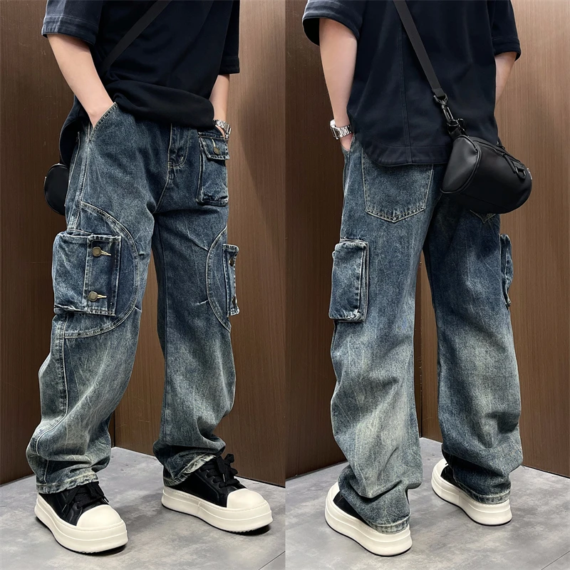 多口袋男水洗复古渐变撞色宽松直筒2025秋冬季百搭垂感弯刀牛仔裤