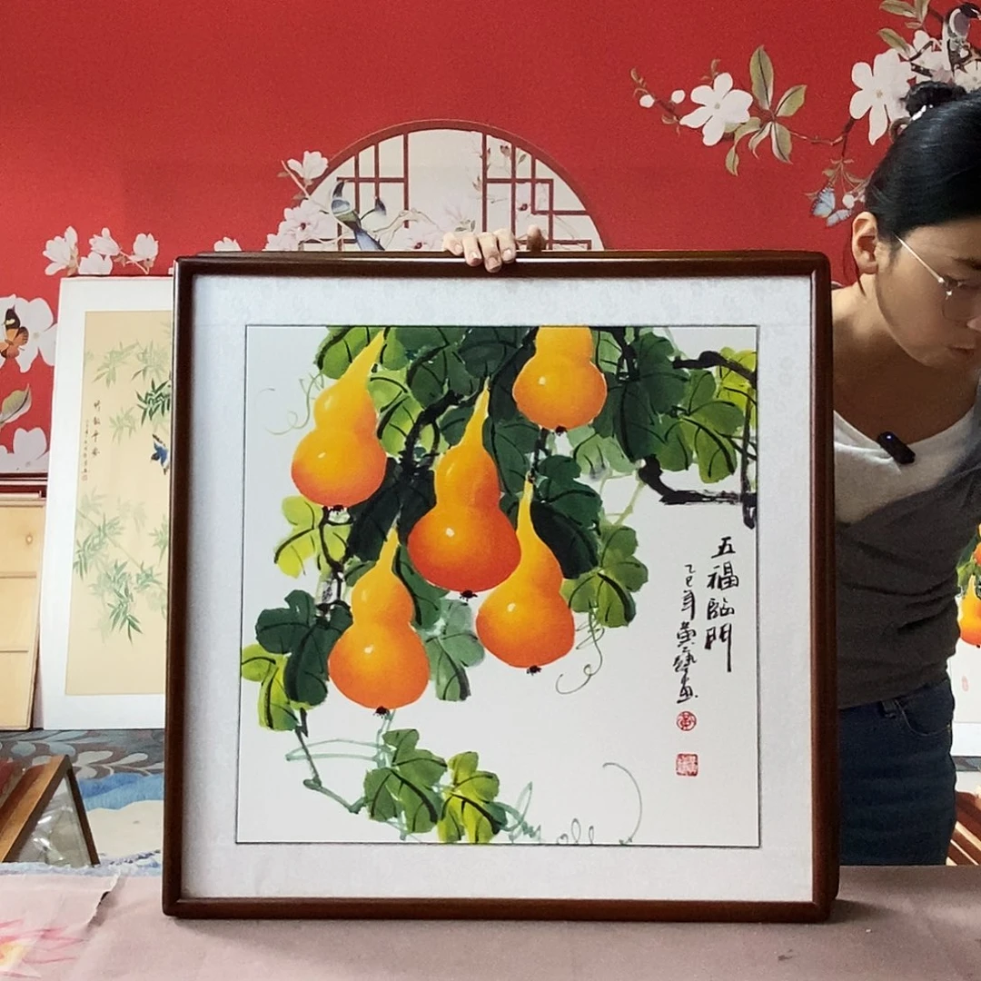 国画手写手绘国画作品带框包邮62✖️62