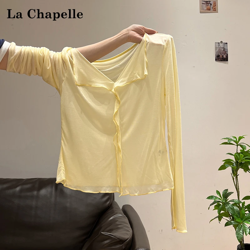 拉夏贝尔微透气质长袖防晒罩衫女夏季新款修身独特不对称时尚上衣