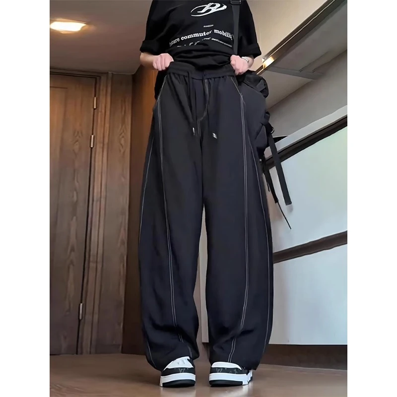 黑色凉感冰丝速干裤男夏季防晒明线弯刀阔腿裤子垂坠感显瘦休闲裤