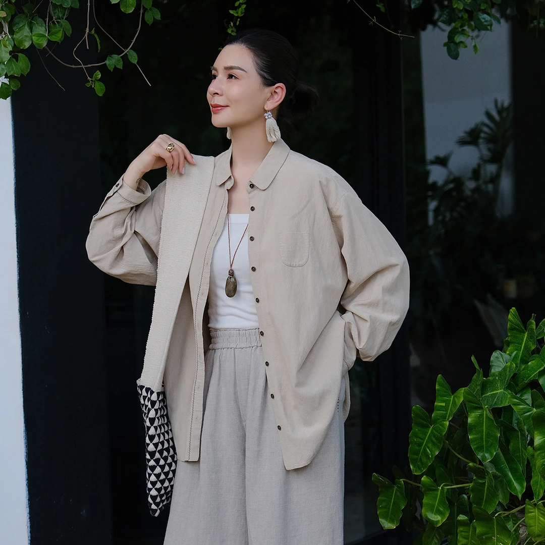 麻霖140支极细高密柞蚕丝雨露麻亚麻复古文艺休闲显瘦衬衫