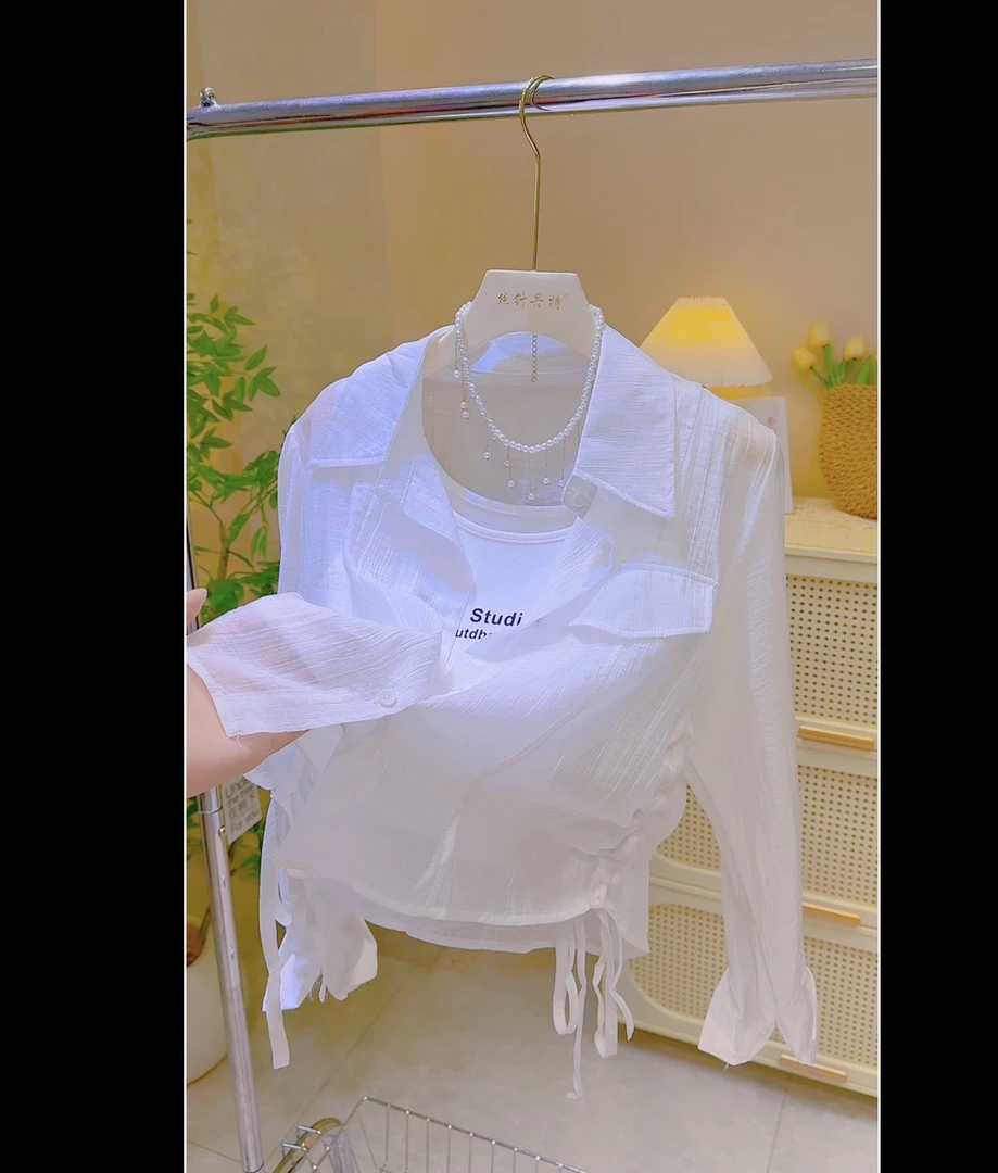 24023-2 欧货高级感夏季新款宽松洋气薄款吊带背心衬衫两件套