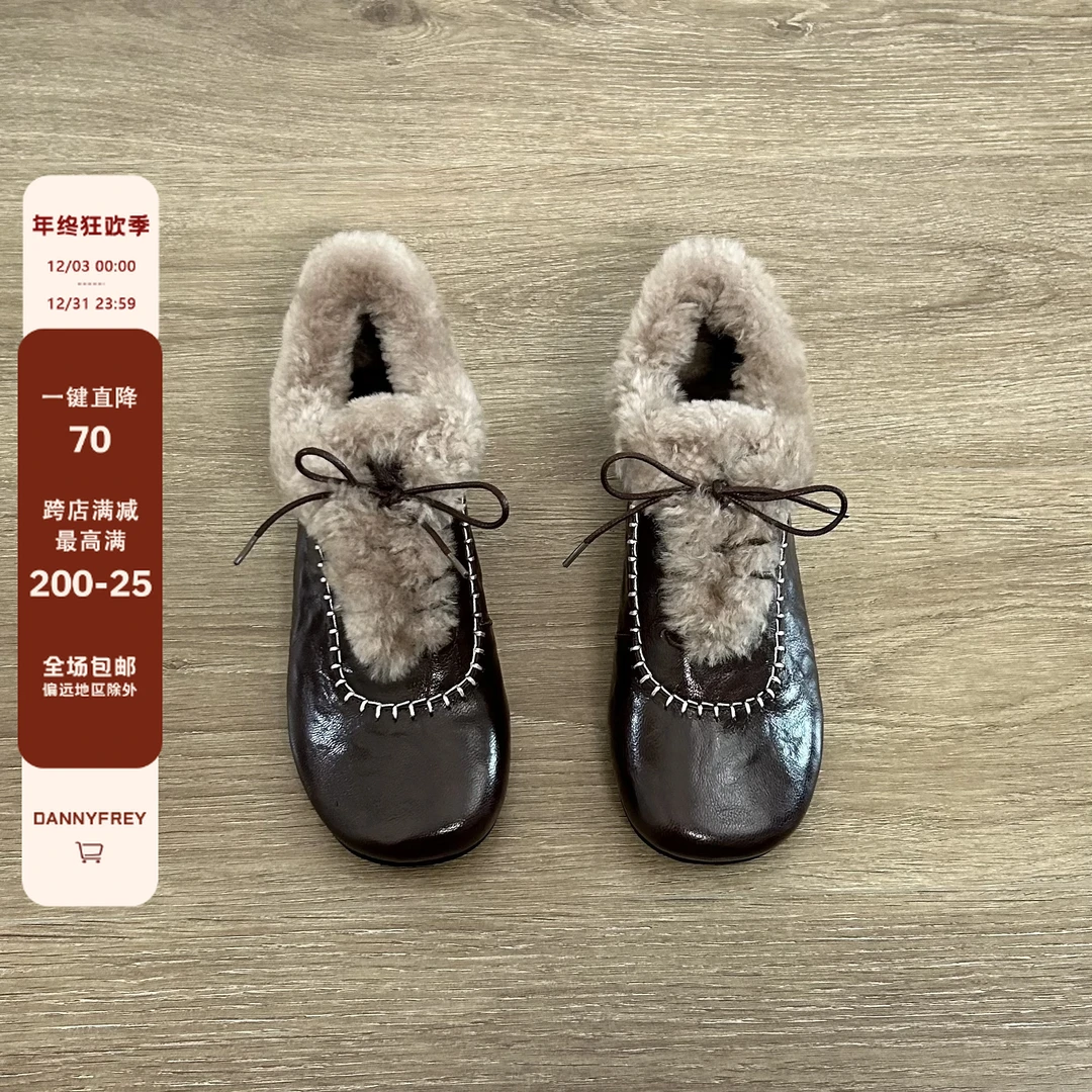 Dannyfrey复古圆头系带毛毛加绒保暖编织手抓羊皮百搭时尚单鞋2CM