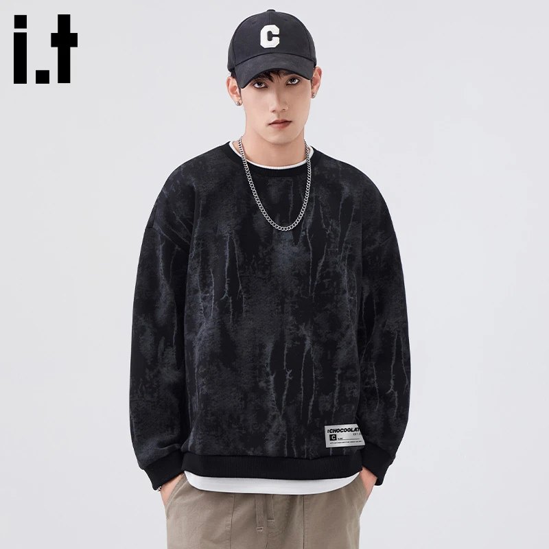 i.t:CHOCOOLATE扎染长袖圆领卫衣男士秋冬新款拼接假两件宽松上衣