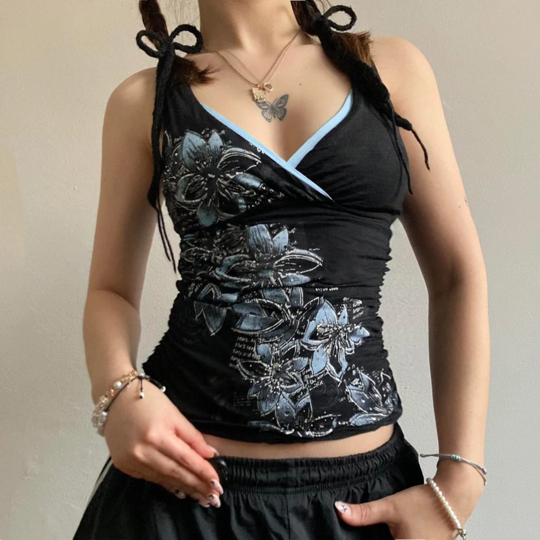 Y2K千禧辣妹风复古性感外穿吊带夏季短款修身交叉V领背心上衣女潮