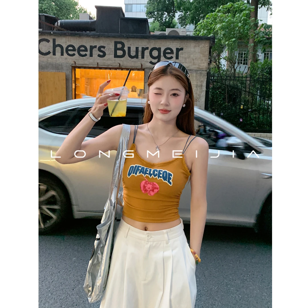 吊带带胸垫无袖美背上衣女外穿新款美式酷辣小背心打底内搭