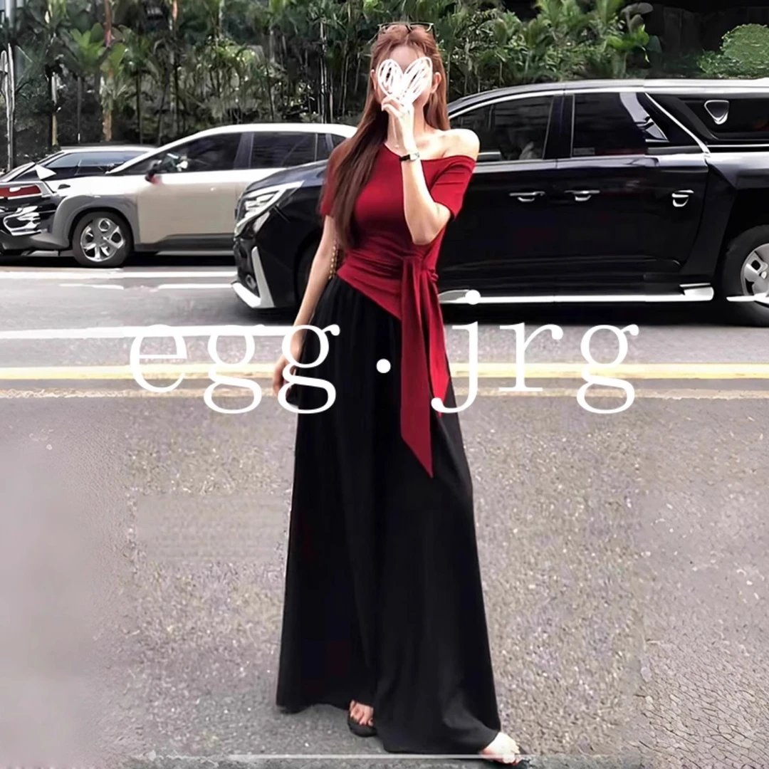 韩国EGG JRG百搭⭐红色不规则短袖T恤女露肩体恤遮肉显瘦上衣套装