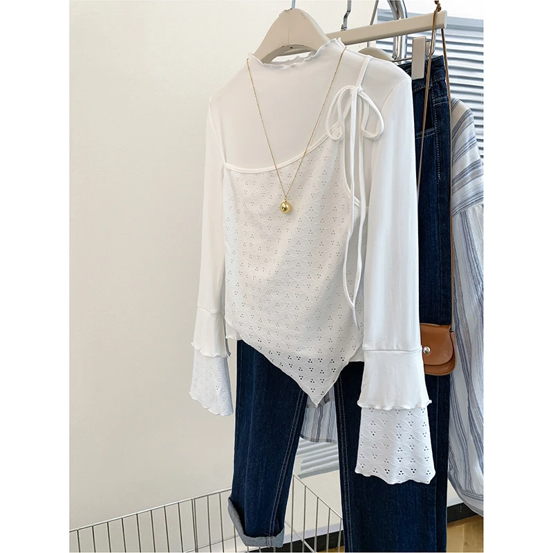 白色半高领假两件长袖t恤女内搭设计感小众上衣小衫2025春季新款