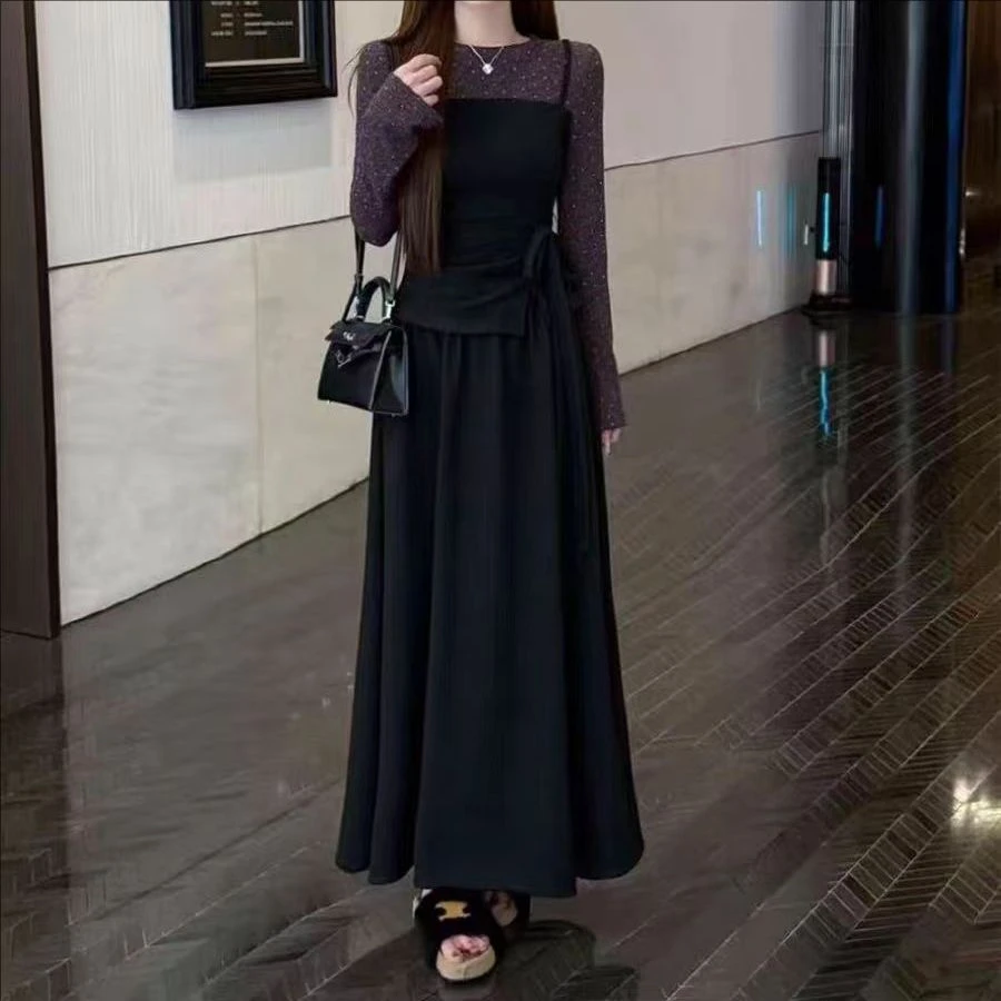 【岩心】大码女装300斤胖MM时尚高级感拼接撞色温柔风百搭连衣裙831