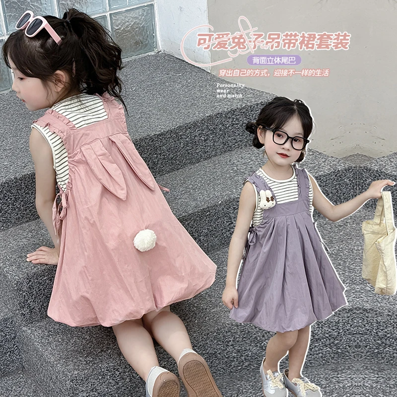 可爱女童小熊背带裙两件套装夏季休闲纯色湖州发货