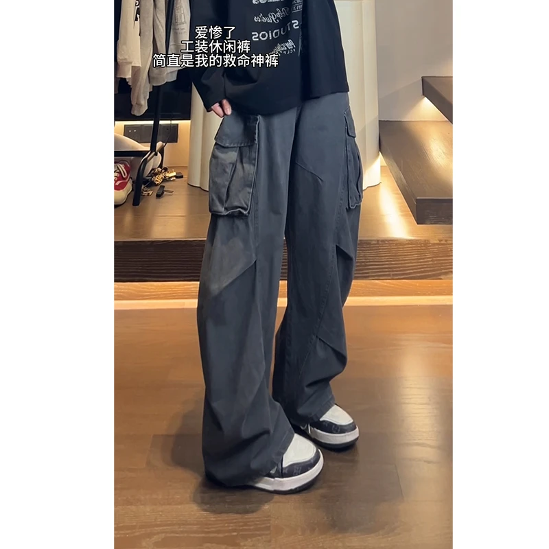 美式大口袋褶皱工装裤男秋季潮牌痞帅街舞hiphop宽松阔腿休闲裤子