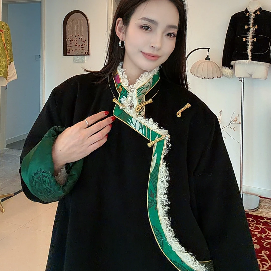 女士新款冬季款加厚保暖气质长袖中长款外套民族风上衣秋冬中式