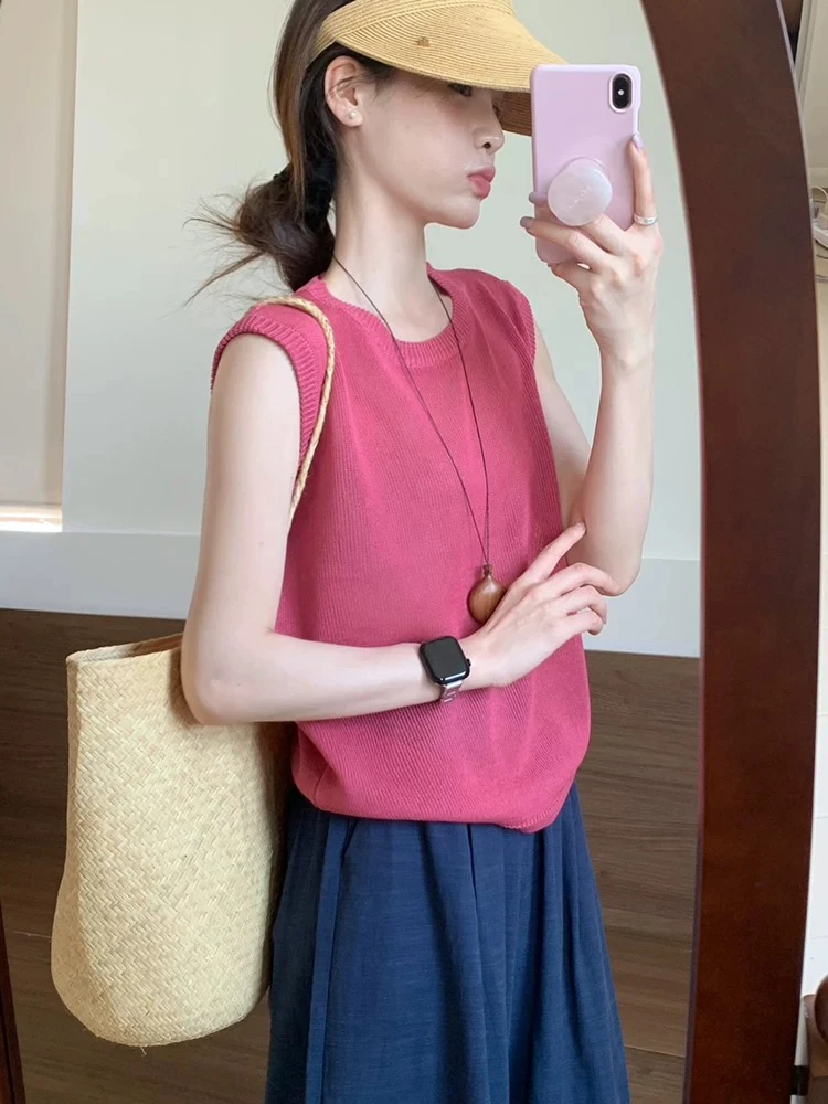 W8#纯色简约风彩色背心2025夏季新款韩版休闲薄款显瘦无袖上衣女