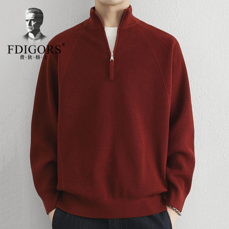费狄格士毛衣男士立领半拉链针织衫冬季新款加绒加厚情侣打底衫