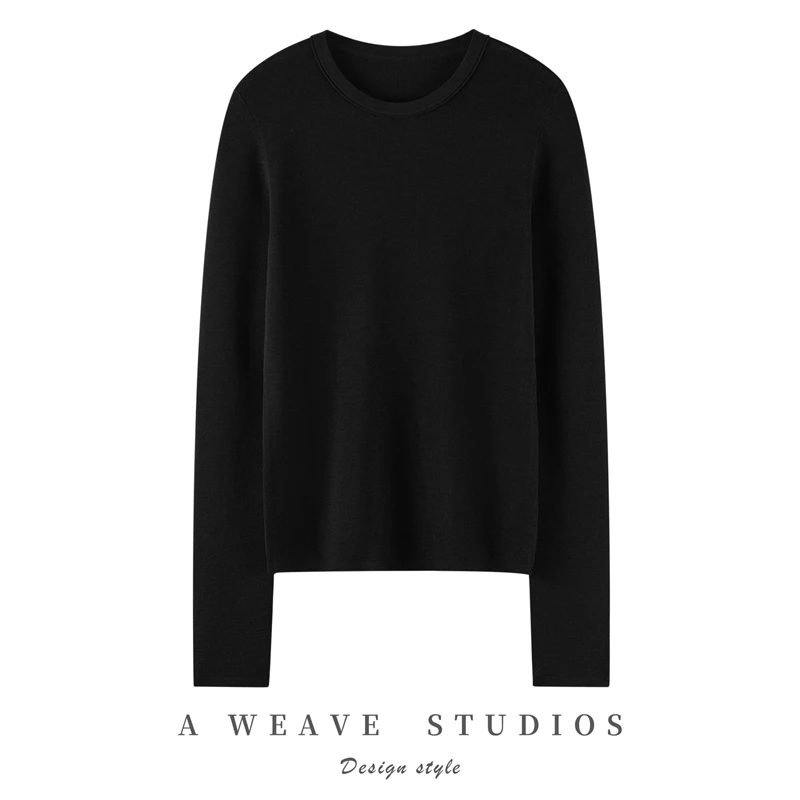 精纺羊毛百搭圆领长袖时尚针织上衣打底衫