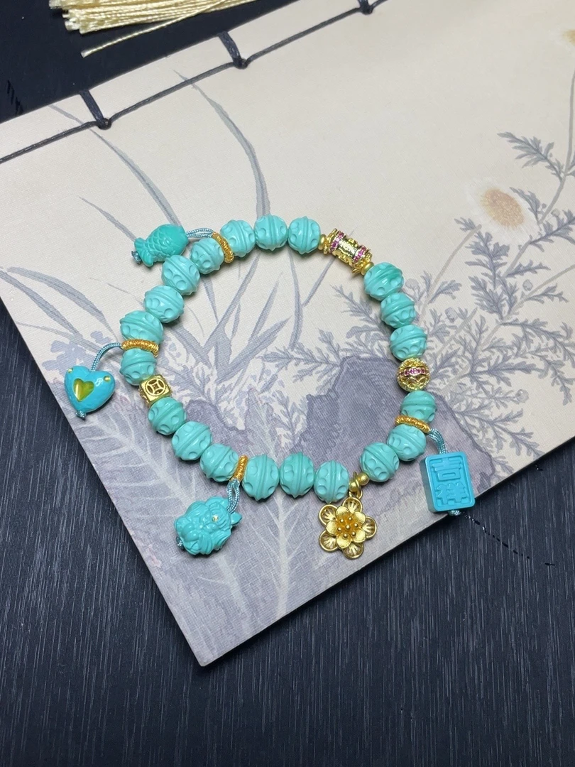 合金手链 湖北十堰矿松核桃diy设计款雕刻轻奢百搭挫金面包老型珠