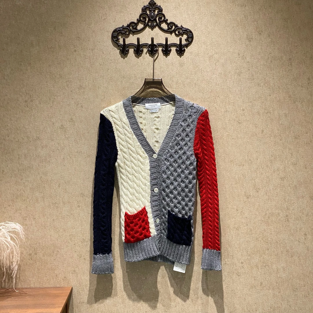 99新 THOMBROWNE Thom Browne拼色羊毛针织开衫/42码/99新/38052