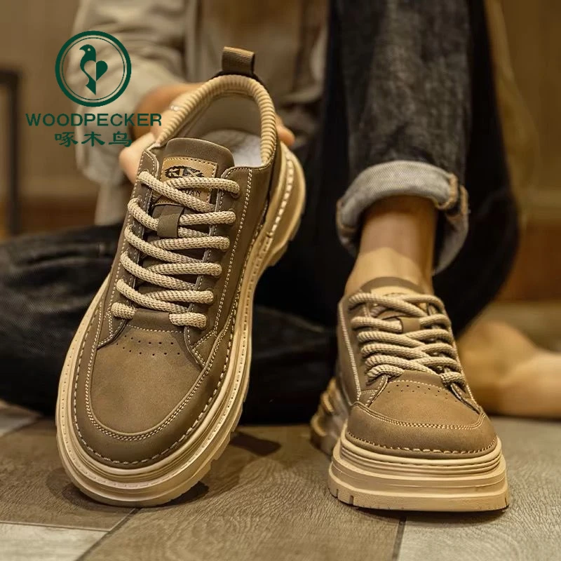 正品啄木鸟马丁靴男款秋冬2024新款英伦风中帮增高防滑皮面工装鞋