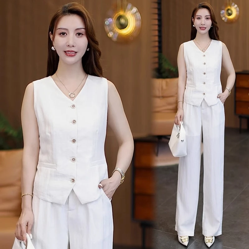 时尚套装女夏季新款洋气显瘦高级感V领无袖背心马甲阔腿裤两件套