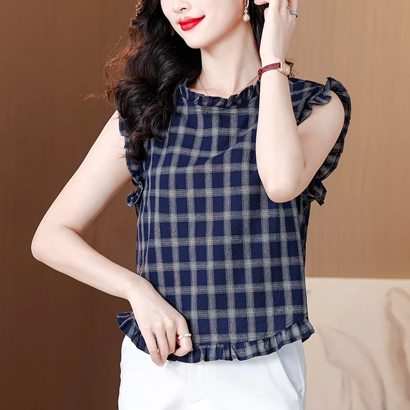 高端无袖格子衬衫女夏季新款外穿背心短款洋气小衫飞飞袖时尚上衣