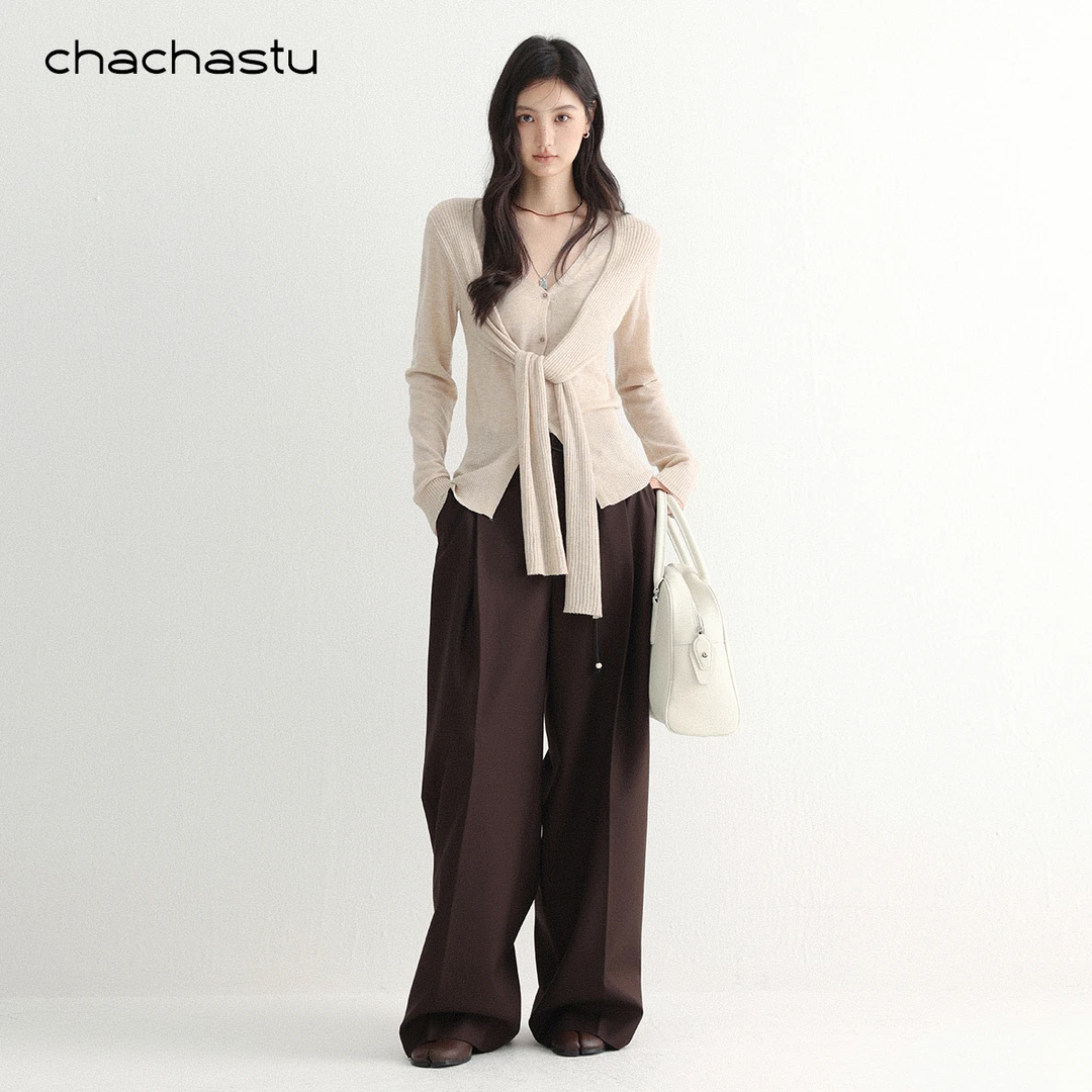 CHACHASTU【深秋】通勤日look 极简披肩绑带设计显瘦针织衫F251066