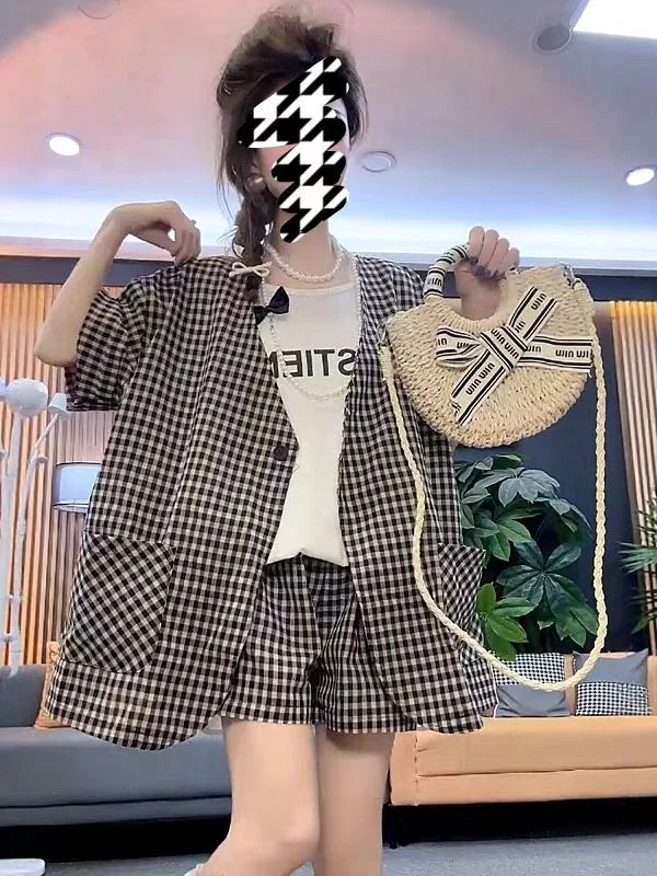 3007韩版格子宽松外套短裤套装
