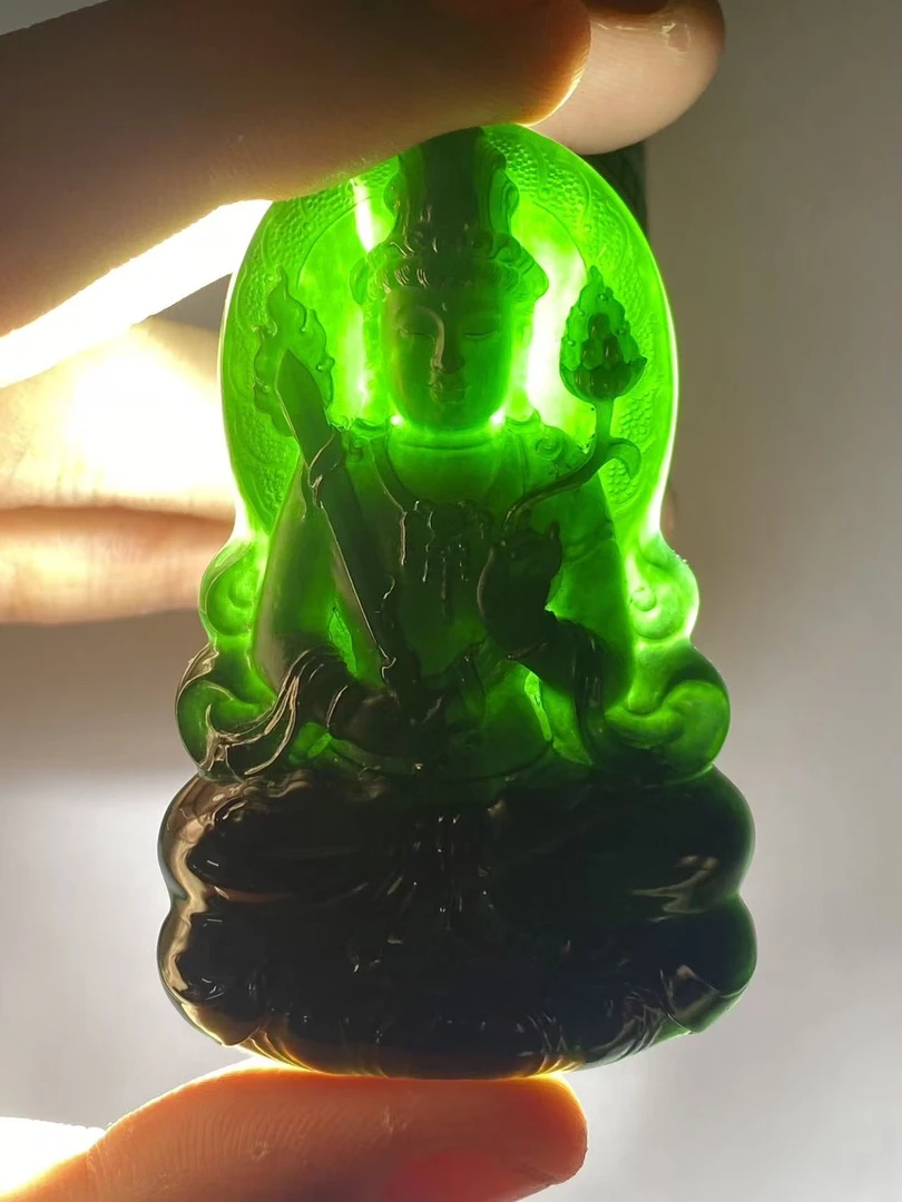 娜年翠玉 缅甸a货墨翠 虚空藏菩萨 老坑高冰通透 男女都可