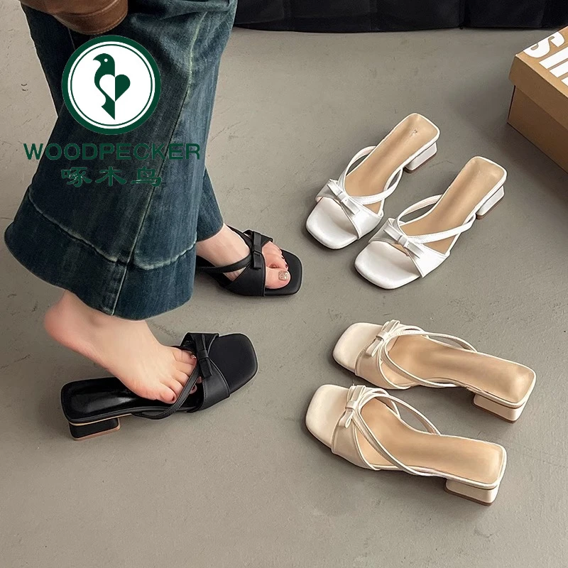 啄木鸟晚晚风法式晚风方头蝴蝶结一字拖鞋女春新款外穿配裙子凉鞋