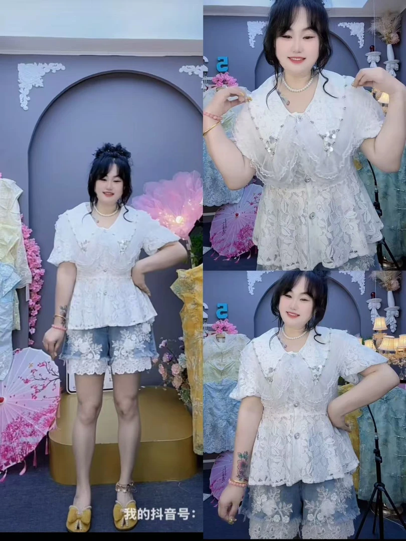 LL琳韩版设计感重工钉珠短袖T恤宽松蕾丝衫收腰显瘦翻领小衫3905