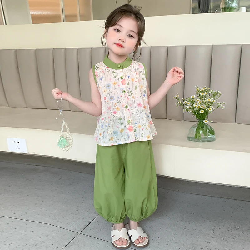 女童夏季套装2025新款儿童碎花背心灯笼裤洋气女孩休闲无袖两件套