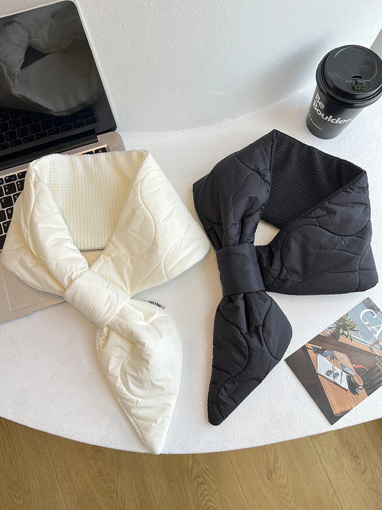 冬季双面懒人护颈围巾新款羽绒布韩版百搭加厚保暖小耳朵交叉围脖